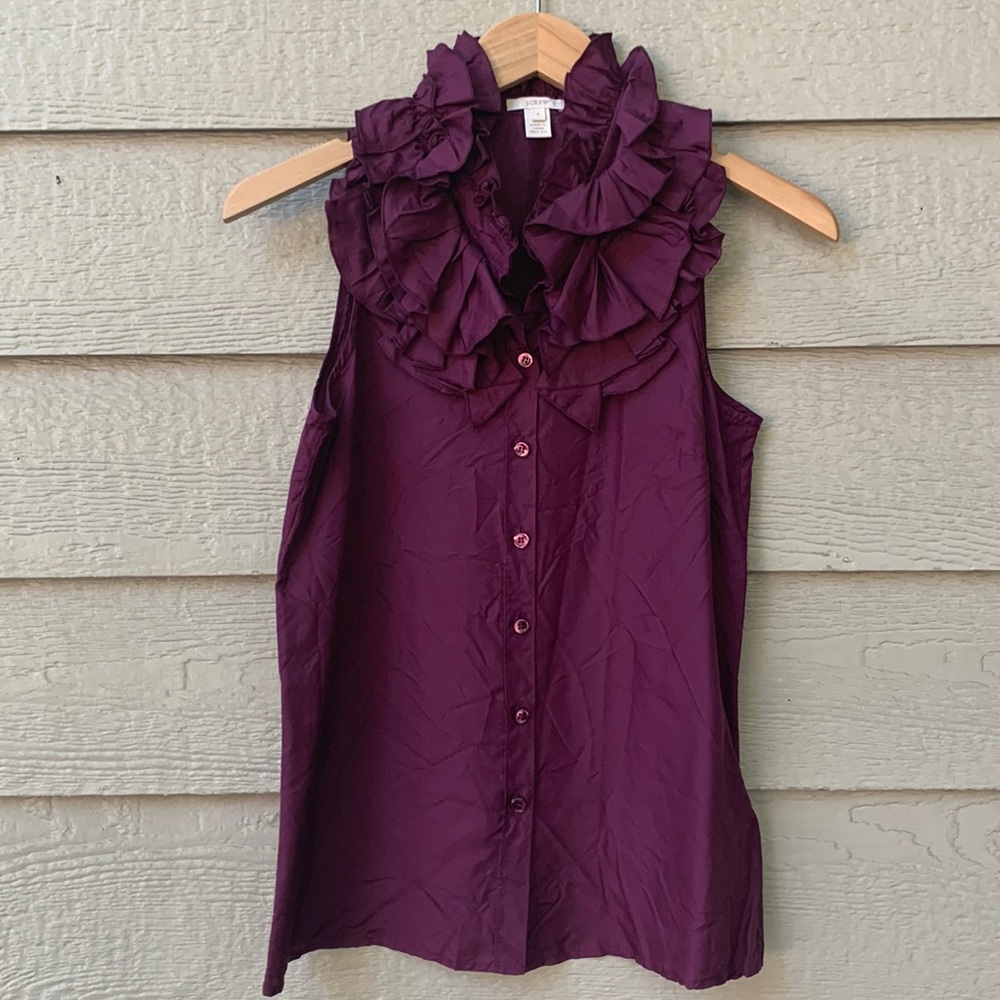 J.Crew Purple Ruffle Collar Button Down Sleeveless Silk Blouse